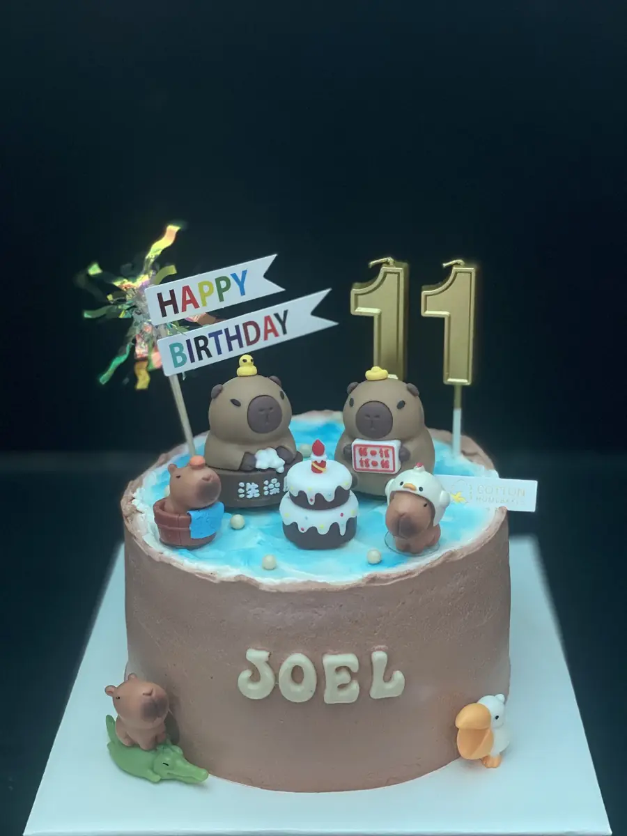 Chocolate birthday cake with capybara figures, a blue pool and the name Joel